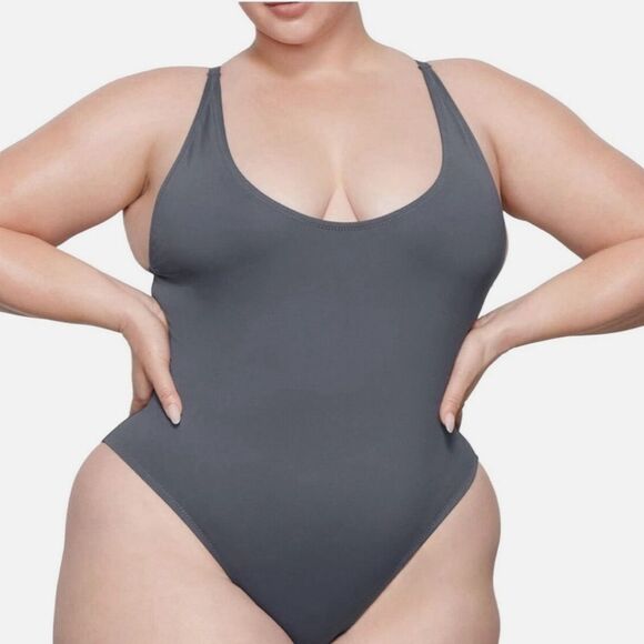 Skims Scoop Neck One Piece Swimsuit Gunmetal Grey size large‎ NWT in packaging - Picture 1 of 8